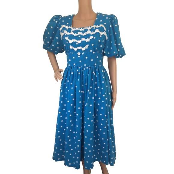 Blue Polka Dot Dress 80s Retro Open Back Cotton S - Picture 2 of 8
